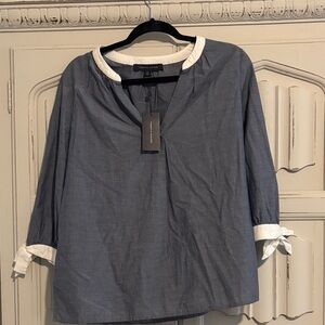 Tommy Hilfiger Women's Navy Blouse with White Trim
